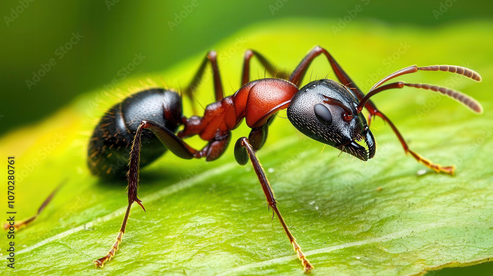 Extreme close up of ant on green leaf, showcasing intricate details Extreme close up of ant on green leaf, showcasing intricate details