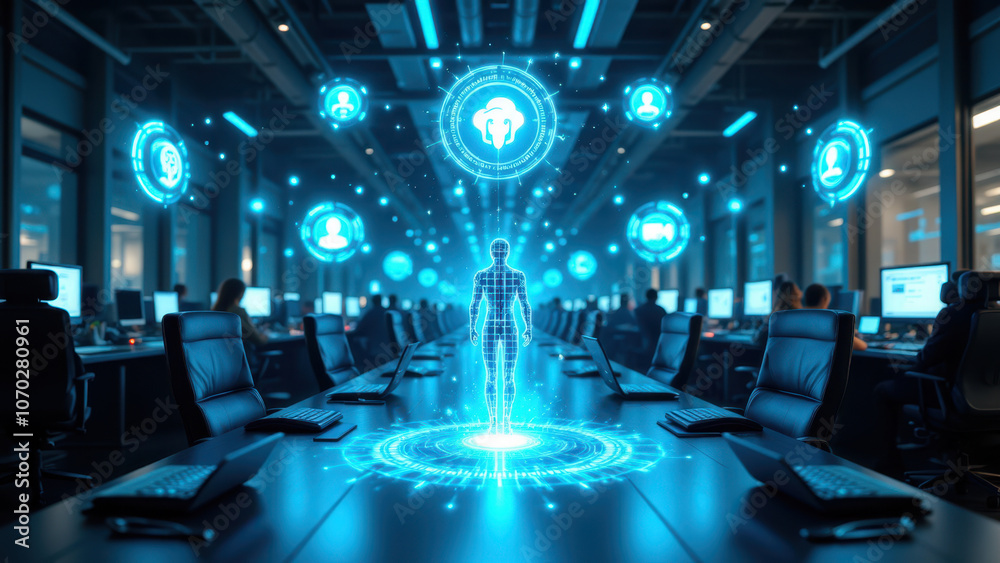Futuristic workspace with holographic bot integration. Futuristic workspace with holographic bot integration.