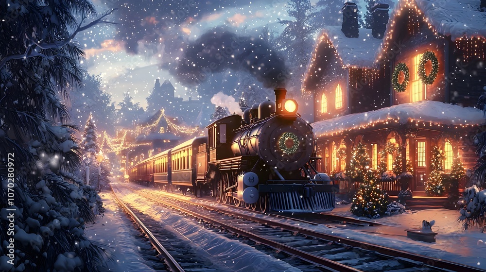 Winter Holiday Train Passing Through a Lit-Up Snowy Village at Dusk Winter Holiday Train Passing Through a Lit-Up Snowy Village at Dusk