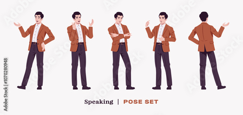 Handsome businessman wearing brown blazer suit jacket speaker stand set. Confident modern office, casual street look for daily wear, dating, prom party, ceremony, business work. Vector illustration