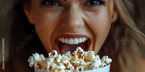 woman mouth open to eat popcorn, cinamtic  photo