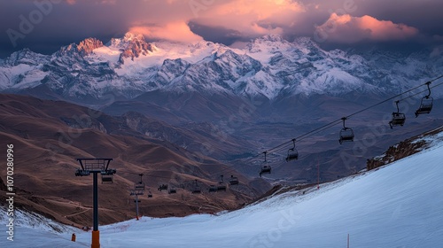 Stunning evening view of a ski slope and chairlift amidst the towering peaks of the Greater Caucasus Mountains in Shahdagh, Azerbaijan. photo