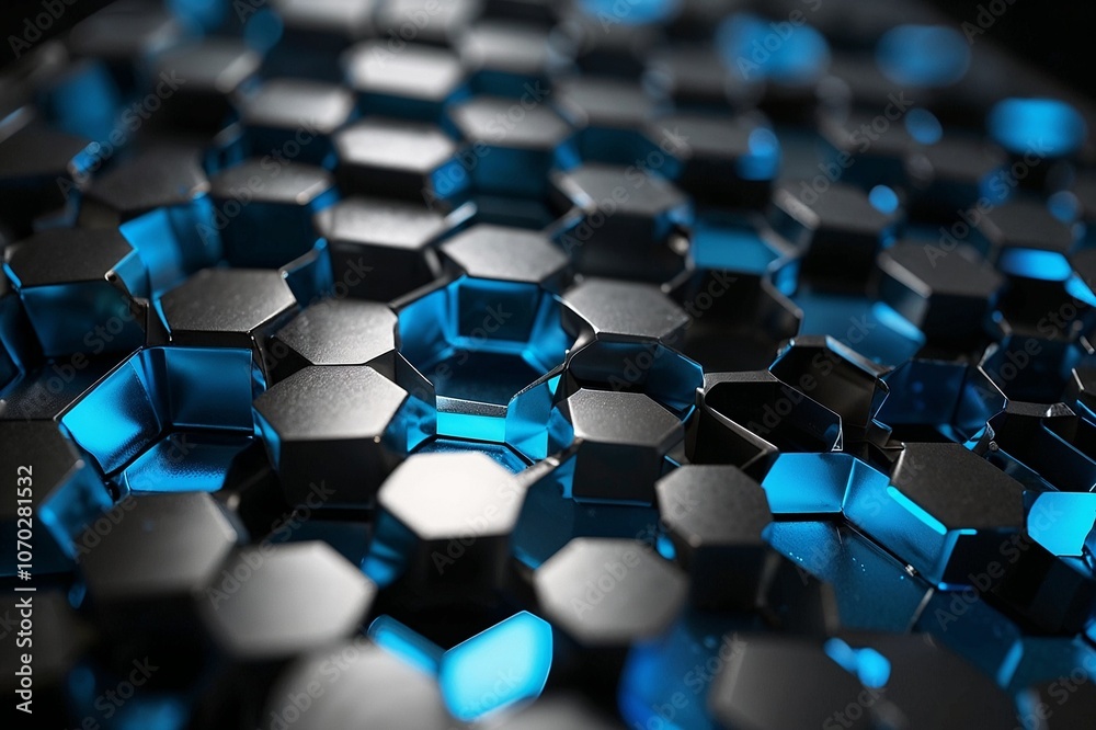 Close-up of futuristic metallic and blue hexagonal patterns creating a dynamic abstract texture with a high-tech feel Close-up of futuristic metallic and blue hexagonal patterns creating a dynamic abstract texture with a high-tech feel