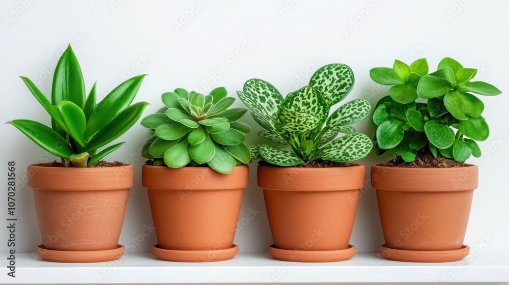 A vibrant display of four unique potted plants, showcasing diverse green foliage in terracotta pots against a clean, white background. A vibrant display of four unique potted plants, showcasing diverse green foliage in terracotta pots against a clean, white background.