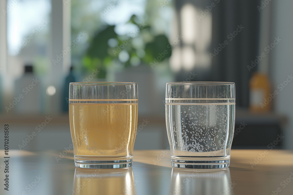 Comparison of Transparent Glasses with Murky and Clear Water on Laboratory Table, Symbolizing Purity and Contamination, in Photorealistic Detail for Scientific and Educational Concepts Comparison of Transparent Glasses with Murky and Clear Water on Laboratory Table, Symbolizing Purity and Contamination, in Photorealistic Detail for Scientific and Educational Concepts
