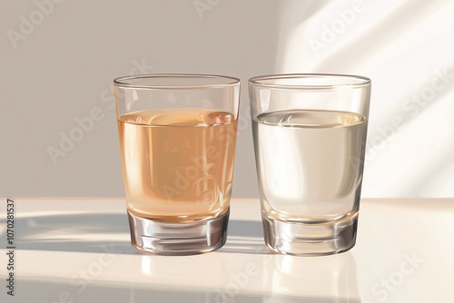 Comparison of Transparent Glasses with Murky and Clear Water on Laboratory Table, Symbolizing Purity and Contamination, in Photorealistic Detail for Scientific and Educational Concepts