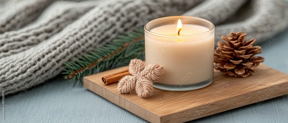 A cozy candle with cinnamon and pine, nestled on a wooden tray beside a textured blanket, exuding a warm, inviting atmosphere. A cozy candle with cinnamon and pine, nestled on a wooden tray beside a textured blanket, exuding a warm, inviting atmosphere.