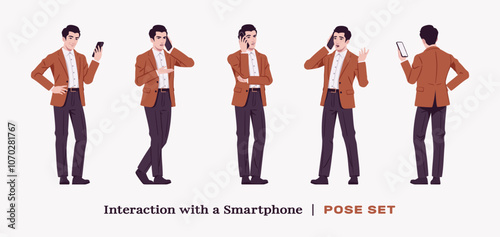 Handsome businessman wearing brown blazer suit jacket phone call stand set. Confident modern office, casual street look for daily wear, dating, prom party, ceremony, business work. Vector illustration