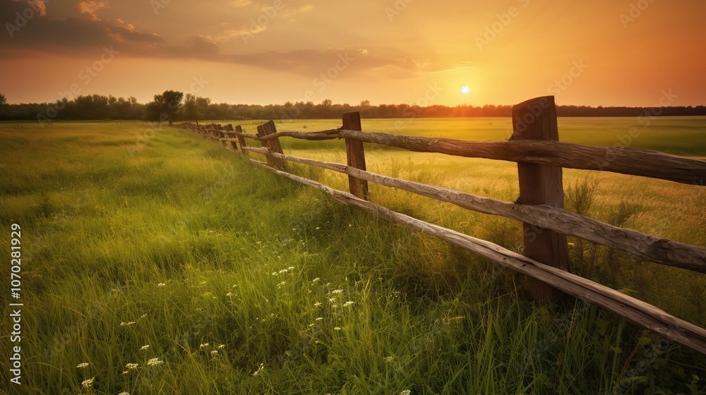 Serene Sunset Over Lush Green Field and Wooden Fence Serene Sunset Over Lush Green Field and Wooden Fence