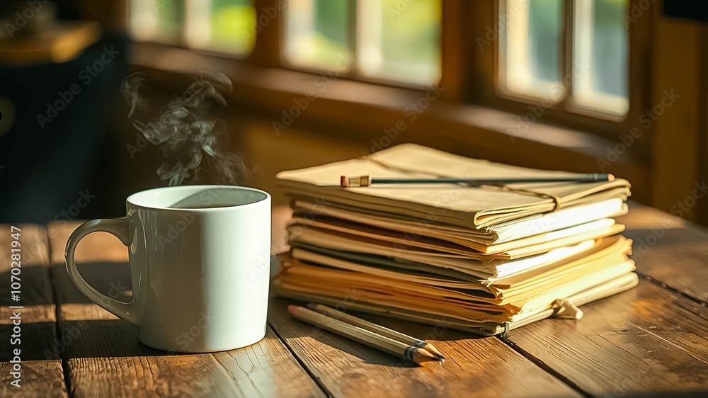 A steamy mug of coffee beside a stack of worn notebooks and pencils on a rustic wooden table A steamy mug of coffee beside a stack of worn notebooks and pencils on a rustic wooden table