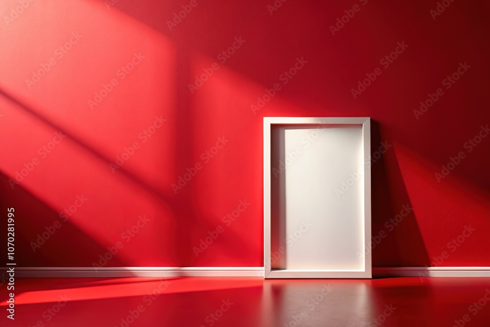 Minimalist frame mockup stands out against a red wall, accentuated by contemporary lighting.