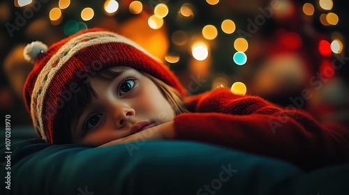 Sad Boy Lying Near Christmas Tree	 photo