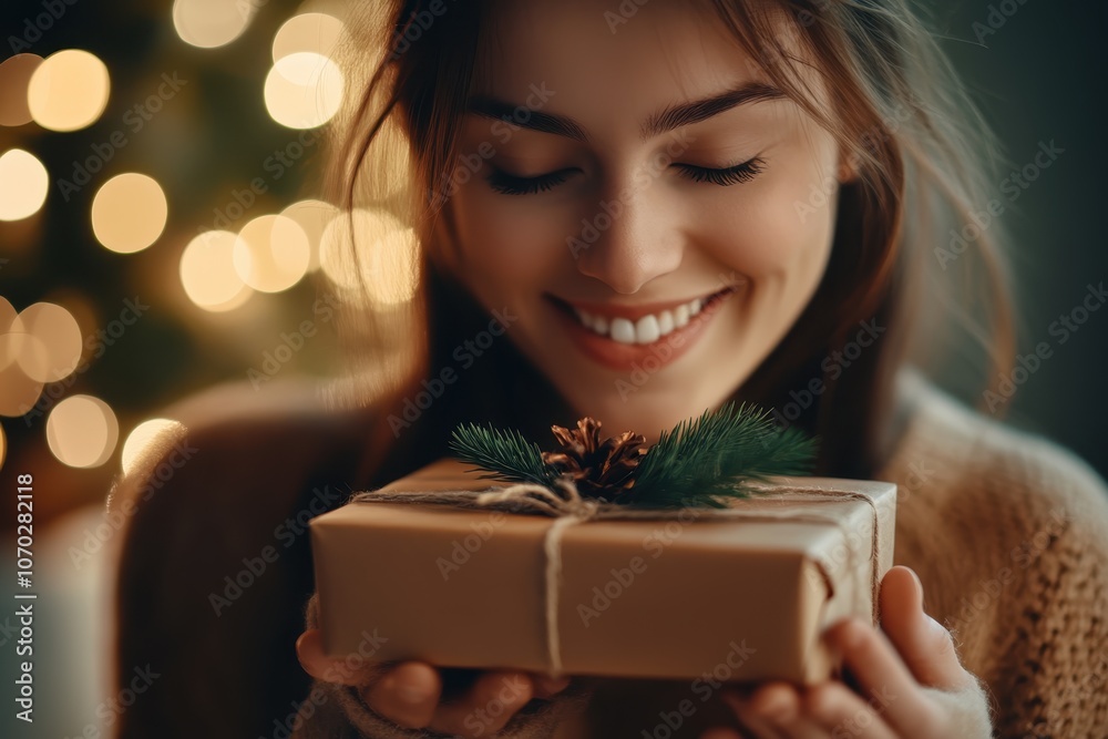 Woman Holding Gift with Holiday Lights Woman Holding Gift with Holiday Lights