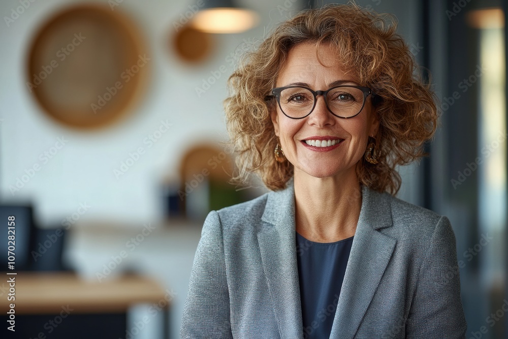 A happy, senior businesswoman in glasses stands in an office, smiling and looking away while dressed up for work. A happy, senior businesswoman in glasses stands in an office, smiling and looking away while dressed up for work.
