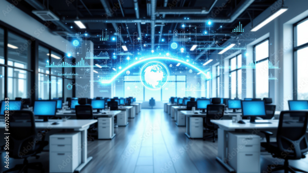 Office with large open space and futuristic technology integrated into desks. Office with large open space and futuristic technology integrated into desks.