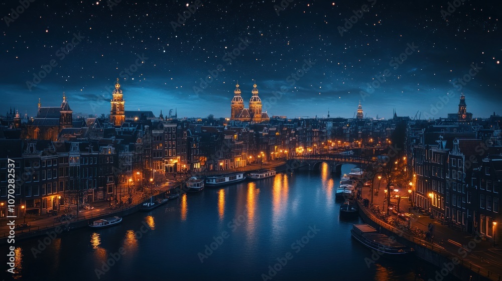 Obraz premium Night View of Cityscape with River and Starry Sky
