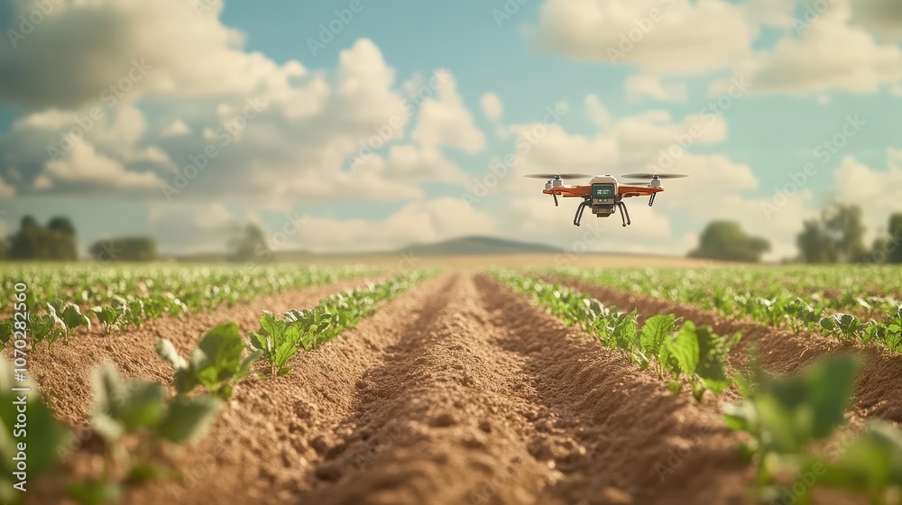 A drone flying above a field, overseeing the planting process and monitoring soil conditions. A drone flying above a field, overseeing the planting process and monitoring soil conditions.