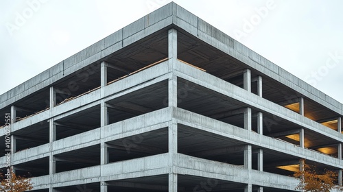 Concrete parking structure showcasing modern architectural design with multiple levels, located in an urban setting during overcast weather