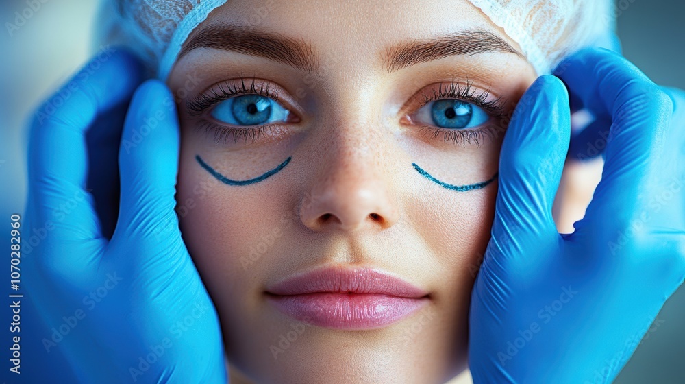A close-up of a woman preparing for cosmetic surgery with blue markings on her face, wearing gloves and a hairnet in a clinical setting A close-up of a woman preparing for cosmetic surgery with blue markings on her face, wearing gloves and a hairnet in a clinical setting
