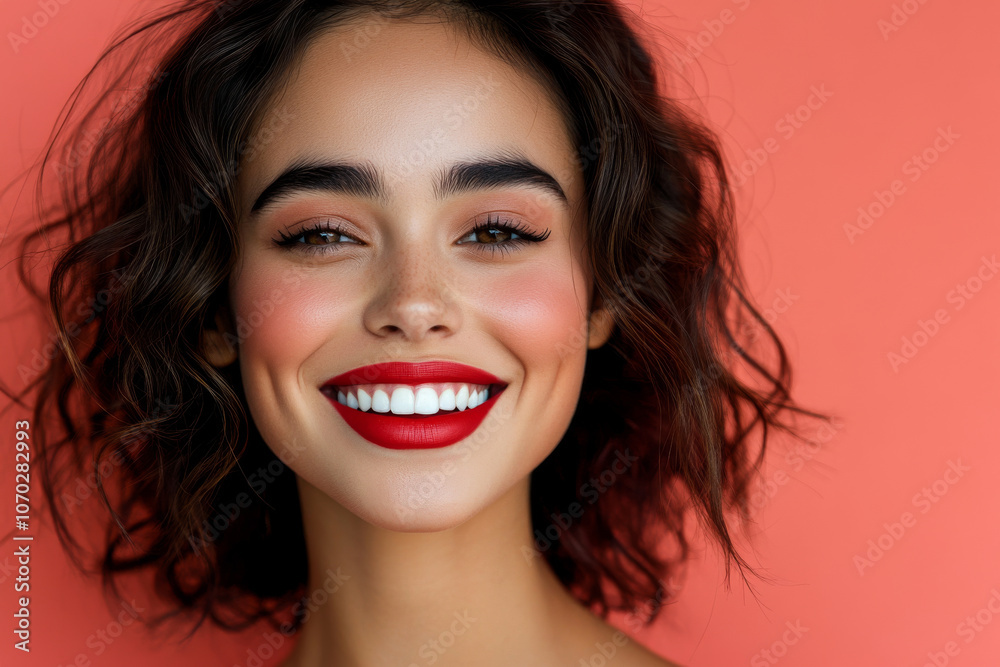 A close-up portrait of a woman with red lipstick, smiling confidently against a pastel coral backdrop. A close-up portrait of a woman with red lipstick, smiling confidently against a pastel coral backdrop.