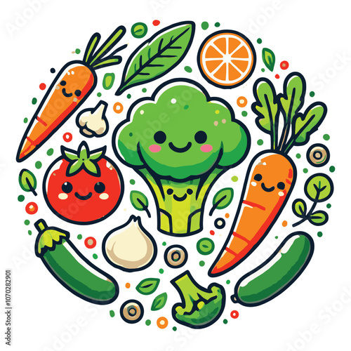 cartoon vegetable in a circular pattern on a white background
