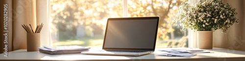 Laptop on desk with sunlight and plant in cozy room