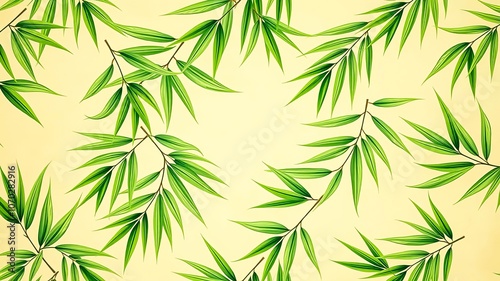 A pattern of delicate green leaves arranged in a whimsical design on a pale yellow background