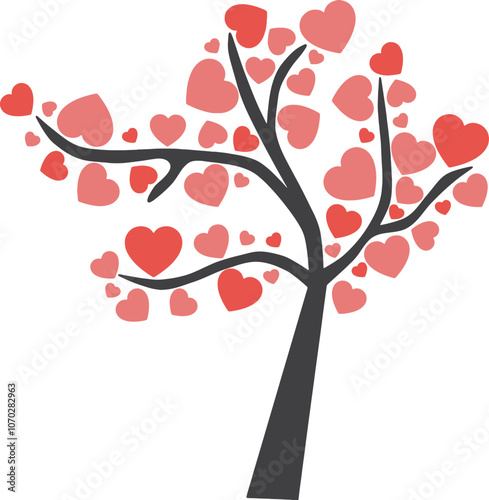 Stylized Valentine's Day tree vector with heart-shaped leaves in various red shades, symbolizing love and warmth.