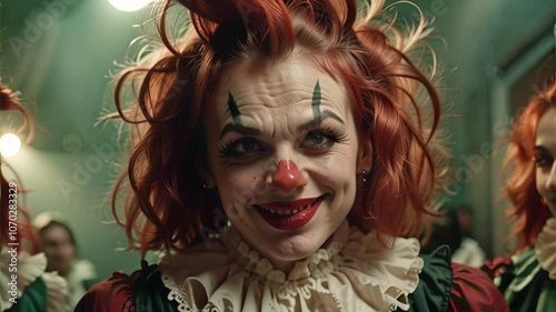 Scary smiling clown in red wig. Generative AI