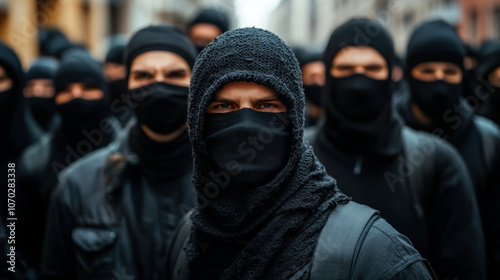 Group of masked young mobsters with bats