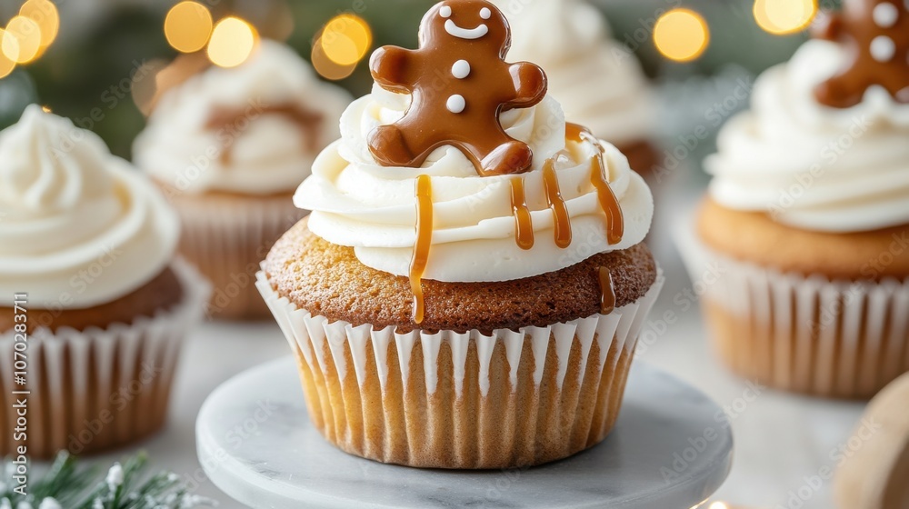 A cupcake with white frosting and gingerbread man decoration, on top of the cupcakes is dripping caramel drizzle A cupcake with white frosting and gingerbread man decoration, on top of the cupcakes is dripping caramel drizzle