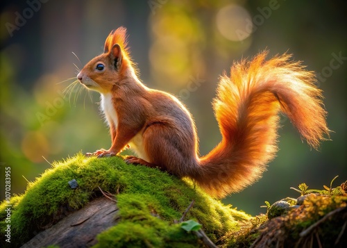 Mossy log, framing a red squirrel silhouette.