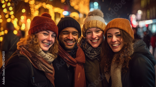 Group of cheerful young adults wearing warm hats and scarves, smiling at a Christmas market. Bright holiday lights and a cozy atmosphere fill the background