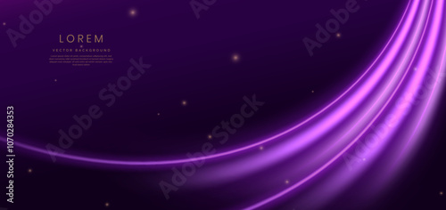 Abstract elegant glowing purple curve ray lighting effect on dark purple background.