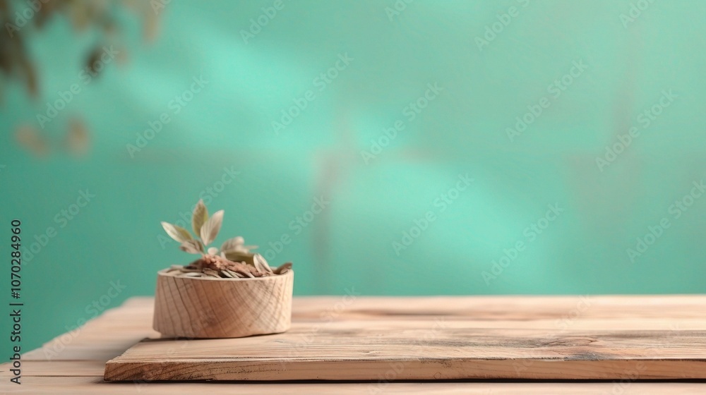 Minimalist Green Background with Potted Plant on Table Minimalist Green Background with Potted Plant on Table