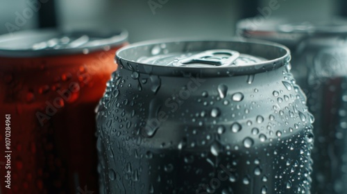 Cold drink cans, adorned with dewdrops, evoke the promise of refreshing relief from the heat. photo