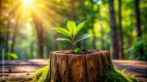 Fototapeta Naklejka Na Ścianę i Meble -  New teak life rises from the old stump, forest rejuvenating.