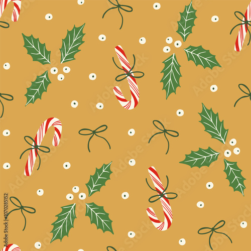 Cute candy canes with bows, berries and holly plant leaves seamless pattern. Holiday season festive background. Elegant design for wrapping paper, fabric.