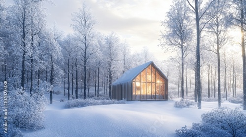 3D rendering of a cozy wooden hut nestled in a snow-covered forest, large glass panels overlooking frosty trees.