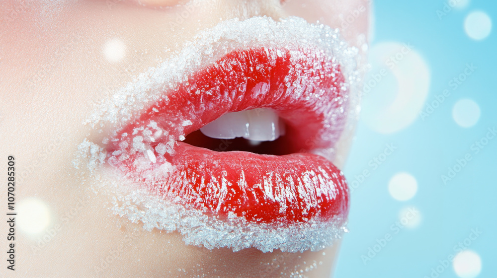 Fototapeta premium Woman's lips covered with sugar crystals close-up