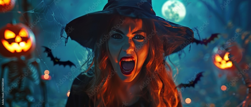 Fierce witch with red lipstick and dark hat screams amid a Halloween forest scene. Surrounded by glowing jack-o'-lanterns, bats, skeletons, and webs, creating an eerie, mystical atmosphere Fierce witch with red lipstick and dark hat screams amid a Halloween forest scene. Surrounded by glowing jack-o'-lanterns, bats, skeletons, and webs, creating an eerie, mystical atmosphere