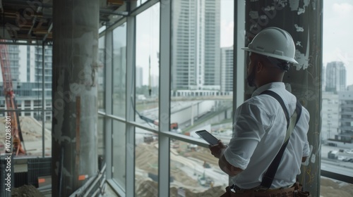 A construction site view from inside a building features a worker planning amid towering city skyscrapers on a cloudy day.