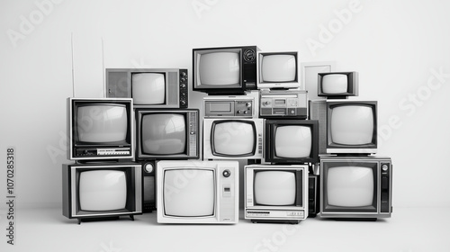 Black-and-White Photograph of Stacked Vintage Televisions 