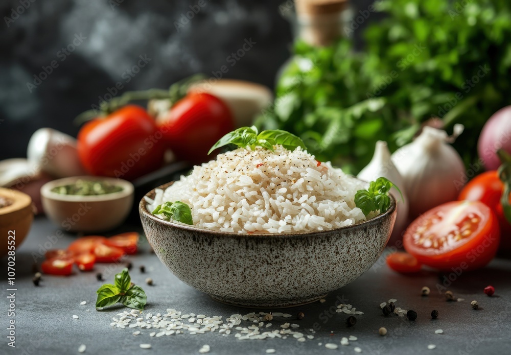A bowl of rice with a bunch of basil and tomatoes on top. The bowl is placed on a table with other food items like tomatoes, basil, and garlic
