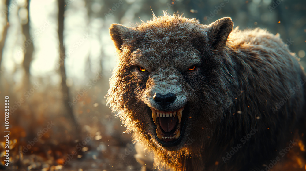 Obraz premium Aggressive werewolf, magic creature in forest