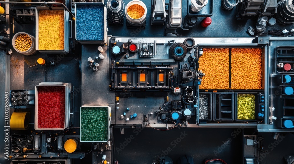 Fototapeta premium Overhead perspective of a plastics manufacturing line, with a variety of molds in use, surrounded by containers of brightly colored plastic pellets. The machinery is orderly