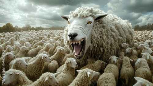 Sheep with wolf's teeth capable to protect itself: wolf in sheep's clothing concept