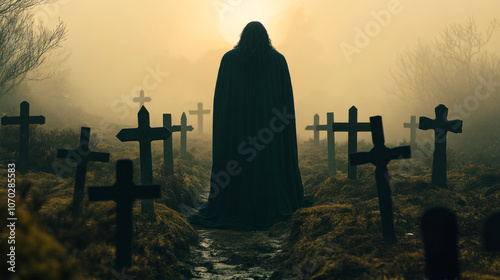 Evil sorcerer on old abandoned graveyard photo