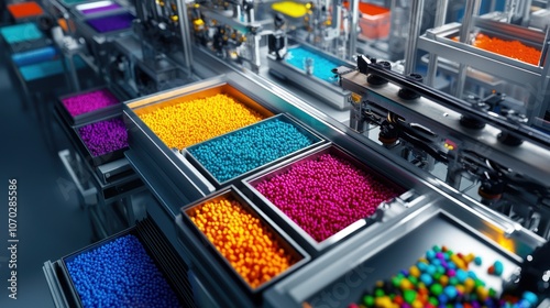 Overhead perspective of a plastics manufacturing line, with a variety of molds in use, surrounded by containers of brightly colored plastic pellets. The machinery is orderly