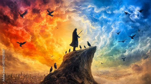 Dark wizard on top of high cliff, rainbow colored sky photo